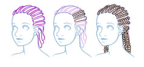 Drawing Reference Tutorial, Box Braids Step By Step, Draw Box Braids, Braid Drawing Reference, Braid Drawing, Afro Hair Drawing, Draw Braids, Braids Step By Step, How To Draw Braids