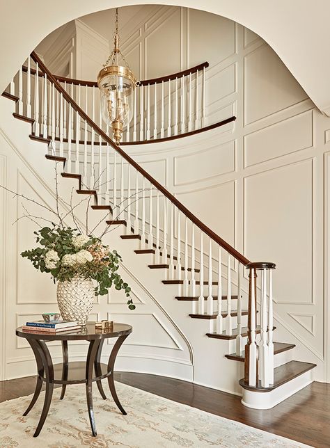 Grand Foyer Ideas Entryway, Curved Staircase Foyer, Stair Moulding, Foyer With Stairs, Traditional Foyer, Foyer Ideas Entryway, Entryway Stairs, Foyer Staircase, Woodbridge Furniture