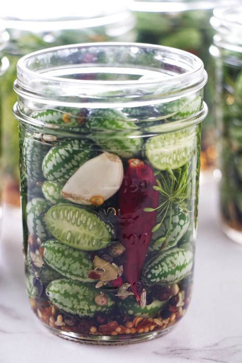 Pickled Cucamelons Cucamelon Pickles, Sweet And Spicy Pickles, Cucamelon Recipes, Spicy Pickles, Canning Vegetables, Pickle Recipe, Refrigerator Pickles, Pickling Spice, Pint Jars