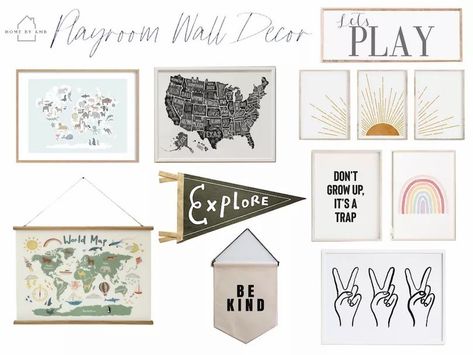 Art Work Kids Room, Playroom Art Decor, Playroom Wall Collage, Around The World Playroom, Gallery Wall Basement, Playroom Gallery Wall For Kids, Playroom Collage Wall, Wall Decor For Playroom, Modern Playroom Wall Decor