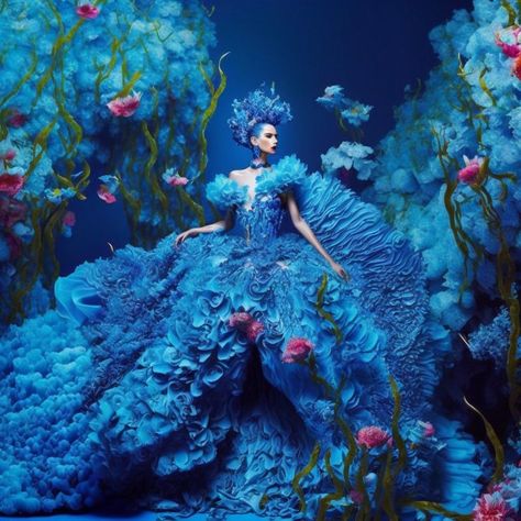 Blue is Alive, expressed in floral art fashion under the sea ~.~ Under The Sea Fashion, Sea Fashion, Fantasy Names, Textiles Fashion, Art Fashion, Style Board, Under The Sea, Floral Art, Fashion Art