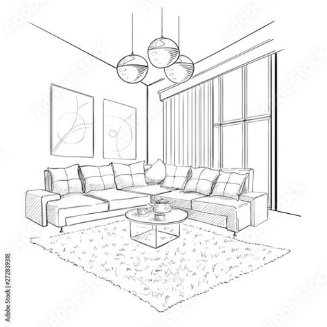 Living room interior sketch. Stock Vector | Adobe Stock Room Perspective Drawing, Sketchbook Architecture, Interior Architecture Sketch, Interior Design Sketchbook, Furniture Design Sketches, Interior Design Renderings, Drawing Interior, Interior Architecture Drawing, Interior Design Drawings