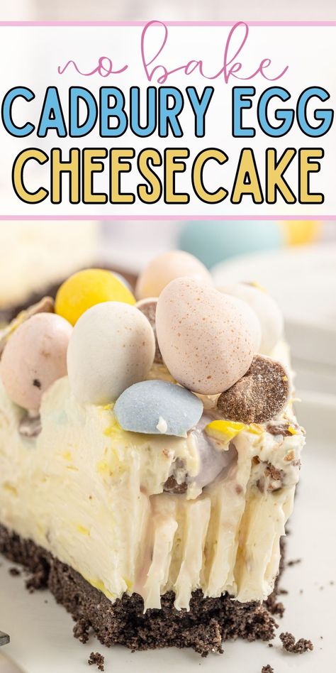 Use up those mini Cadbury chocolate covered eggs and make this Easter Egg Cheesecake. An Oreo crumb cookie crust, filled with a creamy and smooth no bake cheesecake filling, and topped off with mini Cadbury eggs. You'll love how easy it is to make this No Bake Easter Cheesecake. Cadbury Egg No Bake Cheesecake, Cadbury Cheesecake No Bake, No Bake Easter Cheesecake Recipes, Easy Easter Cheesecake Recipes, Cadbury Easter Egg Cheesecake, No Bake Cadbury Mini Egg Cheesecake, Easy Easter Party Food, No Bake Mini Egg Cheesecake, Easter No Bake Cheesecake