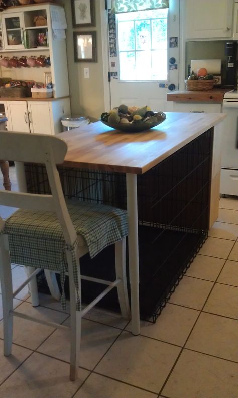 Kitchen island dog crate. I built it! Dog Crate Kitchen Table, Dog Cage Kitchen Island, Dog Kennel Kitchen Table, Dog Kennel Kitchen Island, Dog Crate Island, Dog Crate Kitchen Island, Kitchen Island Dog Kennel, Kitchen Island Dog, Dog Crate Kitchen