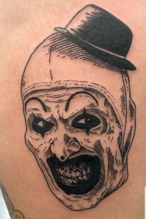 Horror Movie Patchwork Sleeve, Scary Tattoos Dark Art Sleeve, Art The Clown Terrifier Tattoo Design, Horror Flash Tattoo Sheet, Terrifier Tattoo Design, Saw Movie Tattoo Ideas, Horror Movies Tattoos, Django Tattoo, Art The Clown Terrifier Tattoo