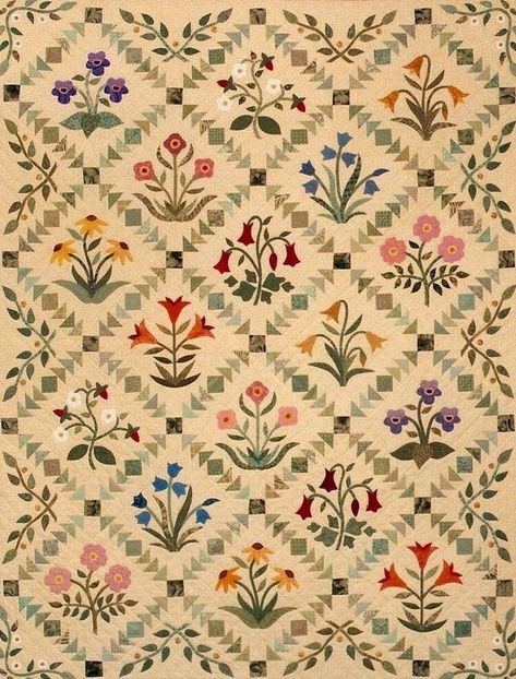 Quilt Pattern Wallpaper, Vintage Pattern Wallpaper, Vintage Textiles Patterns, Flower Quilts, Sampler Quilts, Quilt Border, Flower Quilt, Applique Quilting, Hand Applique