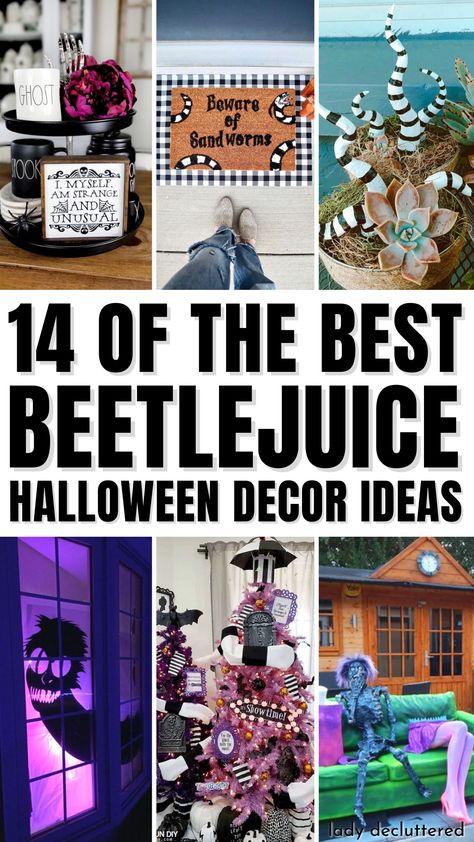 14 of The Best Beetlejuice Halloween Decor Ideas Beetle Juice Wedding Scene, Corner House Halloween Decorations, Bettlejuice Outdoor Decoration, Beetlejuice Table Centerpiece, Movie Themed Halloween Decor, Beetlejuice Decor Home, Beetlejuice Skeleton Display, Paper Mache Beetlejuice, Beetlejuice Window Silhouette