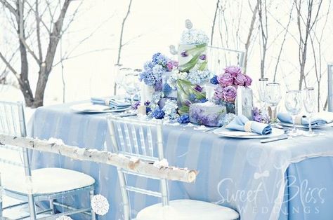 Blue Silver Wedding Theme Table Setting So Beautiful and Elegant Winter Wedding Touch of Purple Winter Wedding Colors Blue, Purple Winter Wedding, Frozen Wedding Theme, Ice Blue Weddings, Silver Winter Wedding, Frozen Wedding, Blue Silver Weddings, Sky Blue Weddings, Silver Wedding Decorations