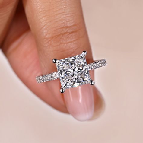 1 to 5ct Princess Cut Diamond Engagement Ring with Micro Pave - IGI Certified Lab Grown Diamonds Ring - Anniversary Gifts - Handmade Jewelry - Princess Engagement Ring - Big Diamond Ring - Ring for Women - Unique Wedding Ring - Square Diamond Ring - Four Prong Setting - Labor Day Sale 📌Note: The listed ring was made with a 3ct princess center, where you can choose a 1ct to 5ct princess diamond. ● 𝗗𝗶𝗮𝗺𝗼𝗻𝗱 𝗗𝗲𝘁𝗮𝗶𝗹𝘀 ↦ Type: Lab Grown Diamond ↦ Shape: Princess Cut ↦ Color: E-F ↦ Clarit Lab Grown Princess Cut Diamond Engagement Ring, Hidden Halo Engagement Ring Princess Cut, Square Shaped Diamond Rings, Princess Engagement Rings With Band, Princess Cut Engagement Ring Silver, Princess Cut Ring Engagement, Engagement Rings Square Princess, Princess Cut Rings Engagement, Lab Grown Engagement Rings