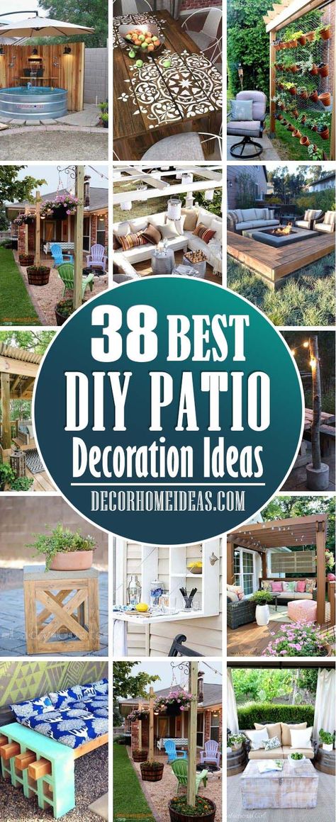 Long Back Porch Decorating Ideas, Decorate Concrete Patio, How To Decorate A Covered Patio, Outdoor Covered Patio Decorating Ideas, How To Decorate A Patio Outdoors, Diy Boho Patio Decor, Concrete Courtyard Ideas, Decorate Pergola Ideas, Lake Deck Decorating Ideas