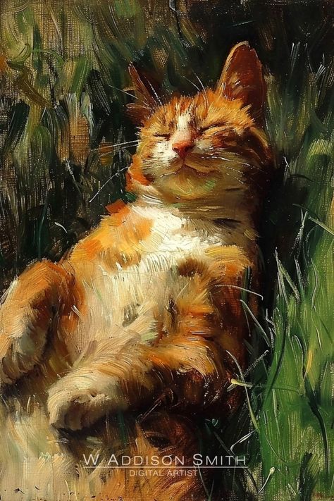 Different Art Aesthetic, Bedroom Paintings Ideas, Cat Rubbing Against Leg Drawing, Water In Painting, Art Ideas High School, Realistic Cat Painting, Art For Cats, Vintage Cat Painting, Calico Painting