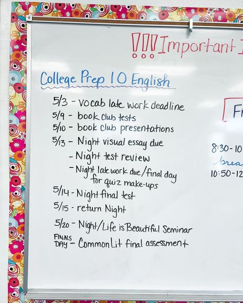 When May started, I filled my back whiteboard with important information for my students. I included important information, assignments, dates, and deadlines. I also communicated this information home to students and guardians multiple times. It’s hard to believe that it is already Monday, May 20. With my honors students, we start their final today, which is a Hamlet mock trial. With my college prep students, we will be having a seminar discussion about the tone differences in Night and Li... Mock Trial, Honor Student, College Prep, Important Information, English Teacher, May 20, Whiteboard, White Board, Dates