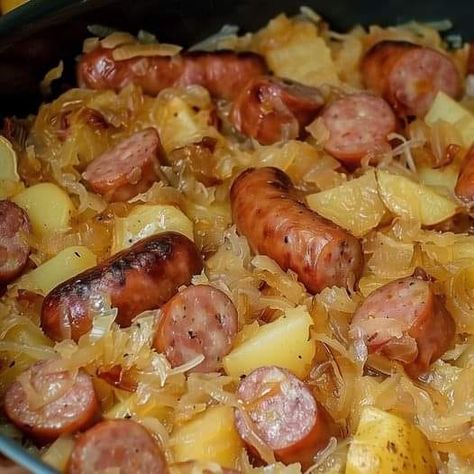 Crockpot Recipes And Tips � | "You should have seen my dad's face when I served this for dinner | Facebook Polish Sausage Sauerkraut And Potatoes, Sauerkraut And Potatoes, Mini Crockpot Recipes, Sausage Sauerkraut, Heavenly Recipes, Crock Pot Potatoes, Polish Sausage, Sausage Dishes, Sausage Potatoes