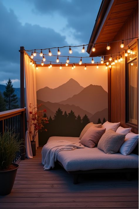 Blue hour view of balcony with light canopy, mountain mural screen, and outdoor daybed Cozy Outdoor Balcony Ideas, Bed On Balcony, Roof Balcony Ideas, Bedroom Balcony Second Story, Magical Balcony, Bedroom Balcony Ideas, Balcony Transformation, Balcony Privacy Ideas, Balcony Bed