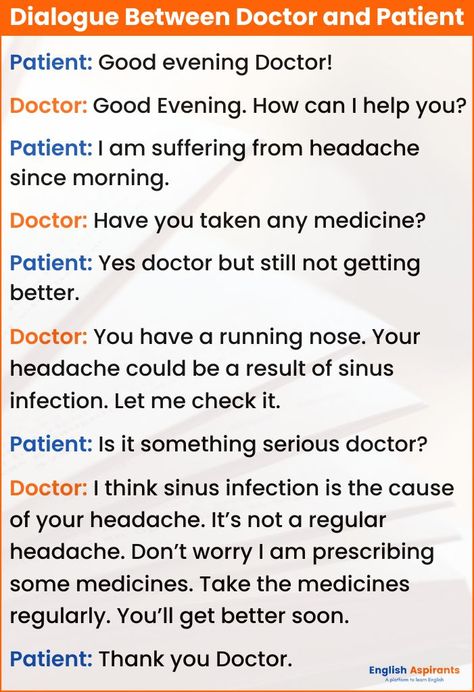 Dialogue Writing Between Doctor and Patient Dialogues In English, English Dialogues, Conversation English, Doctor And Patient, English Conversation For Kids, Dialogue Writing, Direct And Indirect Speech, English Notes, English Conversation Learning