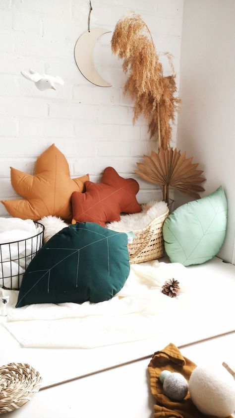 "Leaf shaped pillows! Add some jungle theme to your rooms with our baby pillow leaf. Offered in different color and leaf shape. This leaf cushion is a perfect addition to a child's nursery bedroom. It will look lovely in woodland, jungle, adventure and floral themed interiors. Measuring approximately: 18\"x 12.5\" (46 cm × 32 cm) Write us your choice in the box personalization box. Let me know if you have other questions, I will reply you in less than 24h. Handmade in Montreal, Quebec / Canada b Woodland Throw Pillows, Adventure Theme Room, Hobbit Nursery Theme, Nursery Forest Theme, Adventure Nursery Theme, Hobbit Nursery, Green Fall Decor, Mustard Nursery, Forest Themed Bedroom