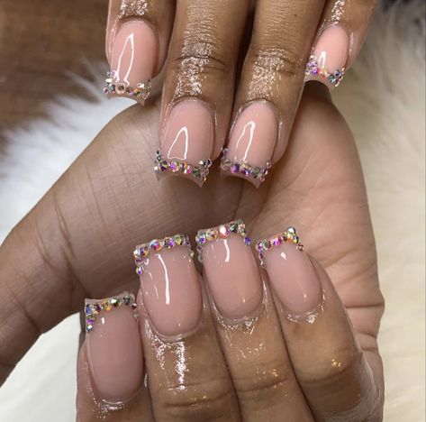 Diamond bling rhinestone french tip Cute Short Square Nails Red, Diamond Birthday Nails, Short Nails With Bling, Short Nude Nails With Rhinestones, Short Nails With Rhinestones Bling, Rhinestone French Tip, Nail Board, Hippie Aesthetic, Glamour Nails