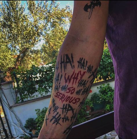 WHY SO SERİOUS?? Joker Hahahaha Tattoo, Joker Related Tattoos, Ha Ha Ha Joker Tattoo Design, Ha Ha Ha Tattoo Joker, Joker Arm Sleeve Tattoos, Ha Ha Tattoo Joker, Hahahaha Tattoo Joker, Cool Joker Tattoos, Tattoo Ideas For Men Joker