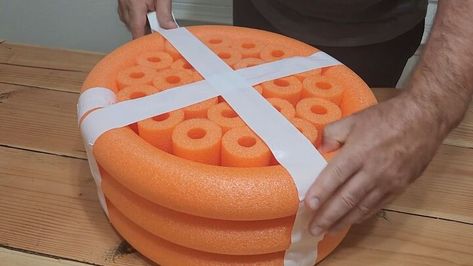 Get crafty with this fun DIY tutorial on constructing a sleek pool noodle ottoman! Explore innovative pool noodle hacks for stylish home accents. Projects With Pool Noodles, Diy Pool Noodle Furniture, Pool Noodle Headboard Diy, Pool Noodle Ottoman Diy, Diy Outdoor Ottoman, Pool Noodle Ottoman, Outdoor Upcycle, Pool Noodles Ideas, Ahg Crafts