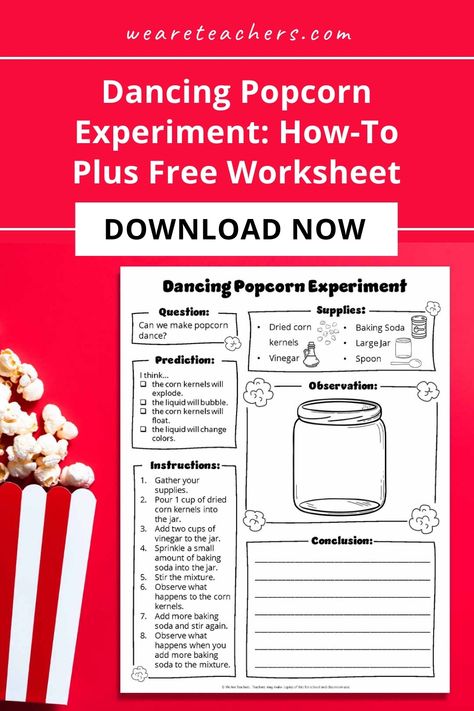 Ready to get your classroom buzzing with excitement? Dive into our Dancing Popcorn Experiment and learn the science behind the fun! This engaging activity comes with a handy worksheet to track your observations. Perfect for hands-on learning – Download Now! Dancing Popcorn Experiment, Dancing Popcorn, Popcorn Science, Popcorn Edition, Steam Lessons, Teaching Themes, We Are Teachers, School Creative, Classroom Management Tips