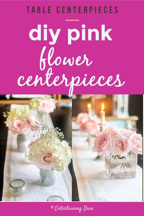 5 Simple But Elegant Pink Flower Centerpieces (That Are Low Enough To See Over) Pink Flower Centerpieces, Small Vases With Flowers, Diy Vases, Girl Baby Shower Centerpieces, Baby Shower Table Centerpieces, Roses And Hydrangeas, Pink Centerpieces, Table Centerpieces Diy, Diy Centerpieces