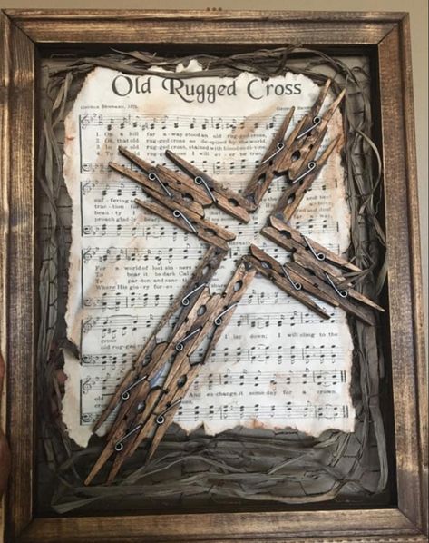 Hymnal Crafts, Clothespin Cross, Wooden Cross Crafts, Clothespin Diy Crafts, Wooden Clothespin Crafts, Clothespin Art, Sheet Music Crafts, Rugged Cross, Religious Crafts