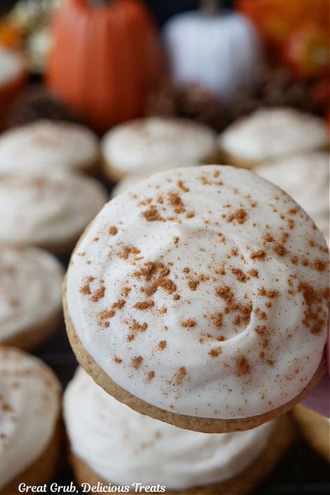 Pumpkin Cookies with Brown Sugar Frosting Pumpkin Cookies With Brown Butter Frosting, Frosted Pumpkin Cookies, Crock Pot Chuck Roast, Brown Sugar Icing, Brown Sugar Frosting, Pecan Coffee Cake, Cookie Dough Ingredients, Brown Butter Frosting, Brown Sugar Cookies