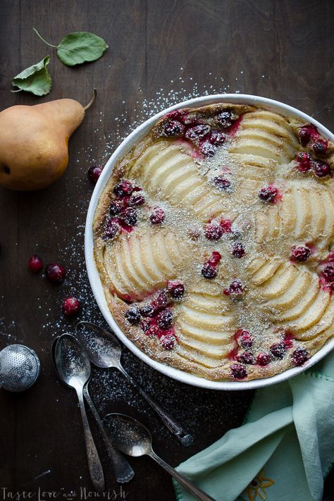 This simple Cranberry Pear Clafouti is so festive and incredibly easy. It has become a family favorite and huge crowd pleaser. You'll be handing out this recipe to everyone! | Taste Love and Nourish @tasteLUVnourish Clafoutis Recipes, Cranberry Pear, Crowd Pleaser, Eat Dessert, Cobbler, Christmas Desserts, Just Desserts, Holiday Recipes, Christmas Food