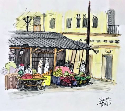 Memory Sketch, Store Sketch, Vegetable Market, Pen Sketches, Market Store, Micron Pens, Drawing Ideas List, Urban Sketch, Pen Sketch