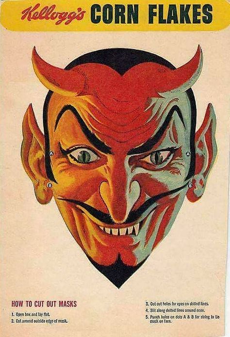 Darrell Epp on Twitter: "In 1953 Kellogg's Corn Flakes came with your very own cutout devil mask--where's my time machine?!… " Devil Cut, Devil Mask, Macabre Art, Angel And Devil, Vintage Labels, Halloween Masks, Halloween Art, Back In The Day, Traditional Tattoo