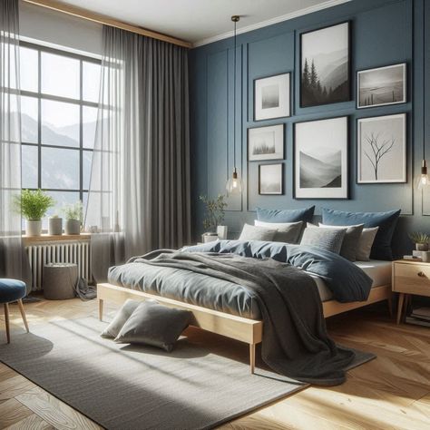 Grey and Blue Bedroom Blue Tan Bedroom, Grey And Blue Bedroom Ideas, Slate Blue Bedroom, Grey And Blue Bedroom, Tan Bedroom, Soft Blue Walls, Gray Bedspread, Gray Nightstand, Blue Bedroom Ideas