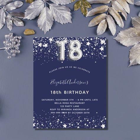 Budget 18th birthday navy blue silver invitation Budget Party, Silver Invitation, Eighteenth Birthday, Star Sprinkles, 18th Birthday Party, Blue Birthday, Navy Blue Background, 15th Birthday, 18th Birthday