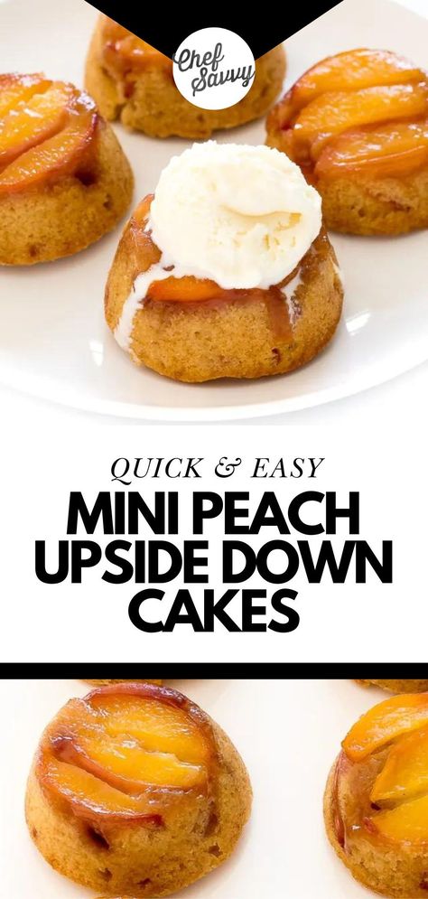 Save this Quick & Easy Mini Peach Upside Down Cakes Recipe! Mini Peach Upside Down Cakes are easy, quick, and delicious! A soft and moist spiced cake topped with fresh peaches. The perfect summer dessert! Serve warm with a scoop of ice cream! Follow Chef Savvy for more Summer Dessert Recipes! Peach Upside Down Mini Cakes, Sliced Peaches Recipes, Individual Peach Desserts, Mini Peach Cobbler, Easy Birthday Cake Recipes, Upside Down Cakes, Future Grandma, Fresh Peach Recipes, Peach Upside Down Cake