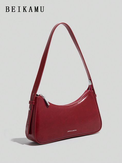 BEIKAMU 1pc Commuter Armpit Bag, Versatile Small Shoulder Bag For Work And Shopping In Summer Burgundy Fashionable,Minimalist   PU Leather Plaid,Plain Baguette Bag   Women Bags, size features are:Bust: ,Length: ,Sleeve Length: Red Hand Bag, Cute Small Bags, Red Shoulder Bag, Burgundy Bag, Armpit Bag, Breast Tape Lift, Mua Sắm, Baguette Bag, Plain Black