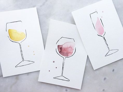 Watercolor wine trio Diy Card Watercolor, Watercolor Wine Glass Painting, Paint With Wine, Wine Glass Watercolor, Minimal Watercolor Painting, Wine Drawing, Wine Watercolor, Diy Watercolor Cards, Wine Birthday Cards