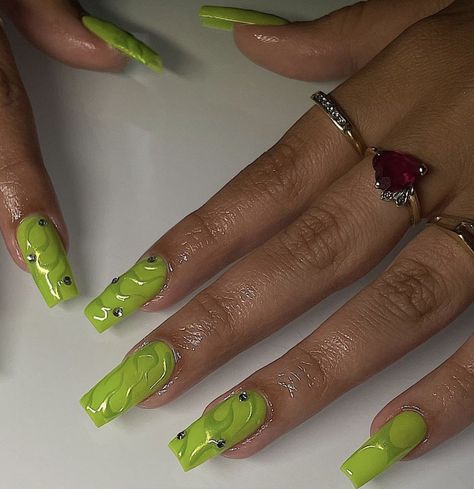 Green Monochrome Nails, Apres Gel X Nails Design, Neon Green Nails, Boho Nails, Retro Nails, Art Deco Nails, Green Chrome, Green Nail, Work Nails