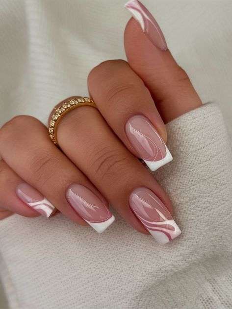 Elevate the timeless French manicure with trendy swirled patterns in soft pink and white. This square nail design exudes elegance and creativity, making it a top pick for stylish minimalists in 2025. Square Nail Ideas, Short Square Nail, Crystal Tips, Soft Pink Nails, Square Nail, Square Nail Designs, Short Almond, Short Square Nails, Nail Styles