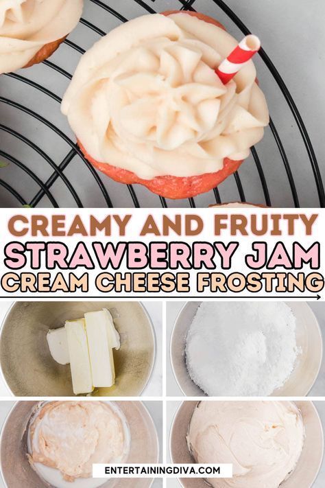 Creamy And Fruity Strawberry Jam Cream Cheese Frosting | Recipes Recipe For Cakes, Strawberry Cream Cheese Frosting, Cheese Frosting Recipe, Quick Dessert Recipes, Cake Frosting Recipe, Cream Cheese Frosting Recipe, Strawberry Cream Cheese, Summer Dessert Recipes, Cakes And Cupcakes