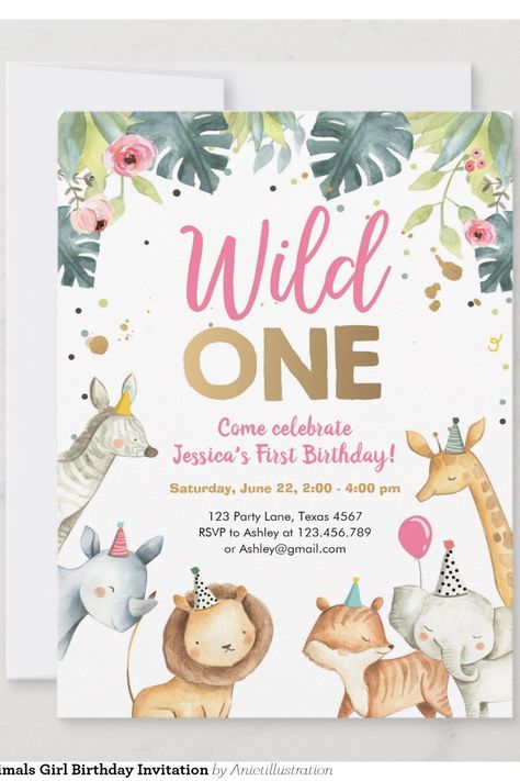 Wild One Safari Animals Girl Birthday Invitation Animal Birthday Invitation, Safari Birthday, Birthday Invitations Girl, Wild One, Animal Birthday, Wild Ones, 1st Bday, Safari Animals, Girl Birthday