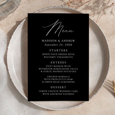 Modern Elegant Black and White Wedding Menu Modern Elegance Wedding, Elegant Black And White Wedding, Green Beans Almondine, Simple And Elegant Wedding, Elegant Wedding Menu, Elegance Wedding, Chicken Marsala, Black And White Wedding, Menu Card