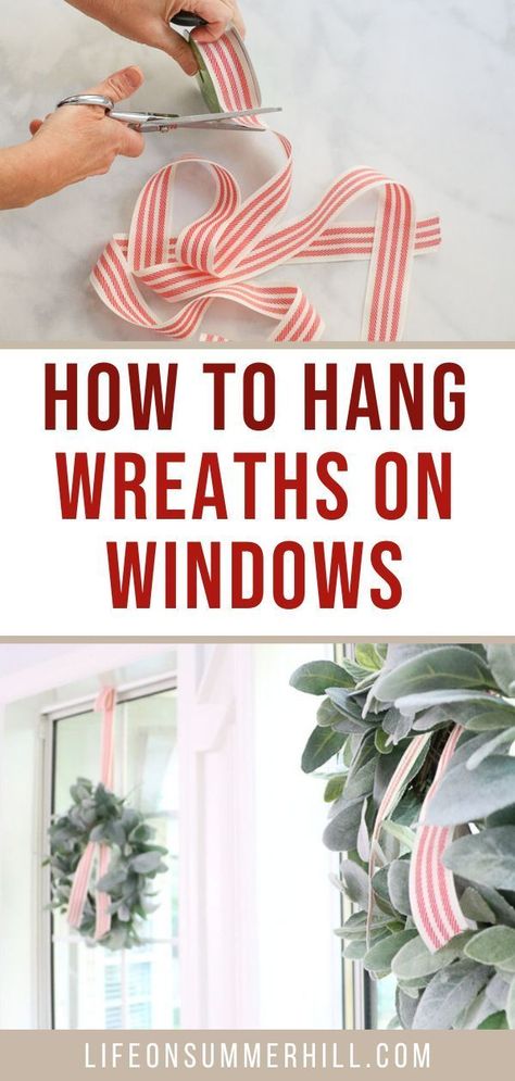 Hanging A Wreath Over A Picture, Wreath Over Art, Outdoor Christmas Window Wreath Ideas, Wreaths On Stair Railing, Diy Window Wreath Christmas, Christmas Wreaths On Windows Indoor, Kitchen Window Wreaths Indoor, Hanging Christmas Wreaths On Windows, Small Christmas Wreaths For Windows