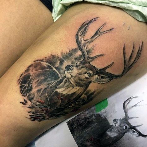 Guys Deer Head Tattoo Designs On Upper Thigh Fishing Tattoo Ideas, Deer Hunting Tattoos, Buck Tattoo, Fisherman Tattoo, Hunting Fishing Tattoo, Small Fish Tattoos, Deer Head Tattoo, Outdoor Tattoo, Deer Tattoo Designs