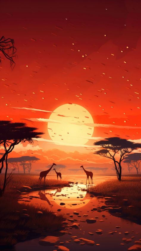 Splendor in the Savannah Mobile Wallpaper. Acacia trees, grazing giraffes, paper art, 3D illustration, golden hour, savannah gold, warmth, waxing crescent, zebras, watering hole, calm, dusk light, texture, depth, safari camp, open expanses, layered savannah, tranquil, sunset, simplicity, African, --ar 9:16 --style raw Savannah Illustration, Safari Scene, Lion Africa, Safari Camp, Giraffe Pictures, African Landscape, Acacia Tree, Watering Hole, Woodland Art