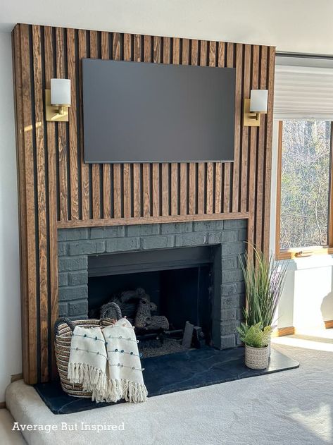 Wood Slat Fireplace, Slat Fireplace, Wood Fireplace Surrounds, Fireplace Feature Wall, Diy Fireplace Makeover, Slate Fireplace, Wooden Fireplace, Brick Fireplace Makeover, Bedroom Fireplace