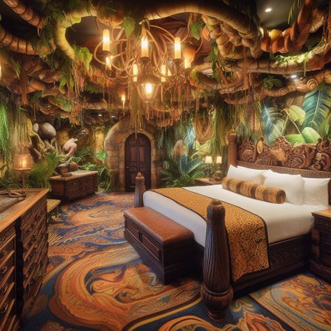 Jungle Theme Room Adult, Jungle Themed Bedroom Adult, Jungle Theme Bedroom For Adults, Elf Bedroom, Rainforest Bedroom, Rainforest Aesthetic, Manifesting Ideas, Trippy Forest, Rainforest Room