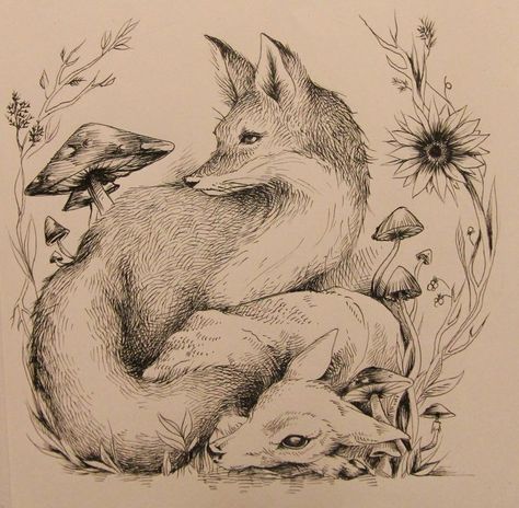 Fox And Deer Art, Fox Ink Illustration, Fox Mushroom Tattoo, Fox And Mushroom Tattoo, Deer And Fox Tattoo, Deer Tattoo Aesthetic, Front Yard Bench, November Widget, Starter Tattoos