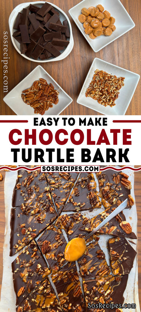 Imagine how delicious it would be to mix pecans with some caramel and chocolate! That’s what this recipe simply is. Serve this Turtle Bark on your christmas table and watch it disappear. It not only saves you the baking headache, but it is also so tasty. Turtle Bark, Pinterest Desserts, Caramel Bits, Chocolate Turtles, Homemade Brownies, Best Christmas Cookies, Almond Bark, Pecans, Watch It