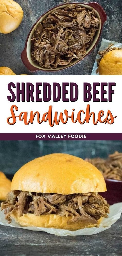 These slow cooker shredded beef sandwiches are effortless to prepare on a busy day and are amped up with a generous dose of seasonings, a deep smoky flavor, and just a touch of sweetness the entire family will love. This versatile shredded beef recipe is aggressively flavored, easy to prepare, and always leaves you craving more. Beef Sandwiches Crock Pot, Crockpot Shredded Beef, Shredded Beef Recipe, Shredded Beef Sandwiches, Roast Beef Sandwich Recipes, Hot Beef Sandwiches, Slow Cooker Shredded Beef, Shredded Beef Recipes, Roast Beef Sliders