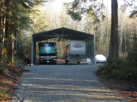 Double RV Steel Carport by Absolute Steel Rv Shelter, Rv Carports, Rv Covers, Portable Carport, Steel Carports, Camper Awnings, Rv Garage, Rv Cover, Metal Carports