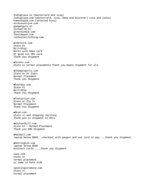 The document provides information on cardable websites for various products including electronics, clothing, and other items. Websites listed can be carded using techniques like using the same address for billing and shipping, using valid credit card numbers without CVV, or placing orders under a certain dollar amount to avoid verification. The document also includes tutorials for carding sites like Walmart, HSN, and Wish. Valid Credit Card Numbers, Single Lens Reflex Camera, Amex Card, Credit Card App, Reflex Camera, Phone Cards, Credit Card Numbers, Card Tutorial, Apple Products